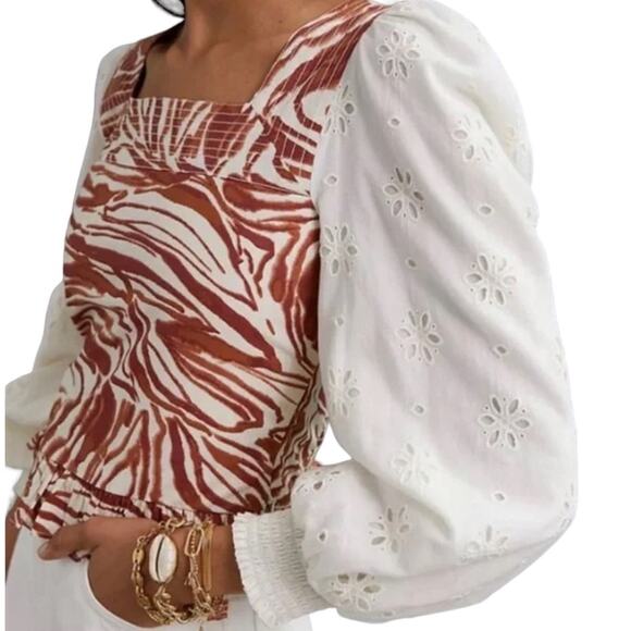 Anthropologie Love The Label Blouse Womens Small Smocked Eyelet Puff Sleeve - Picture 1 of 7